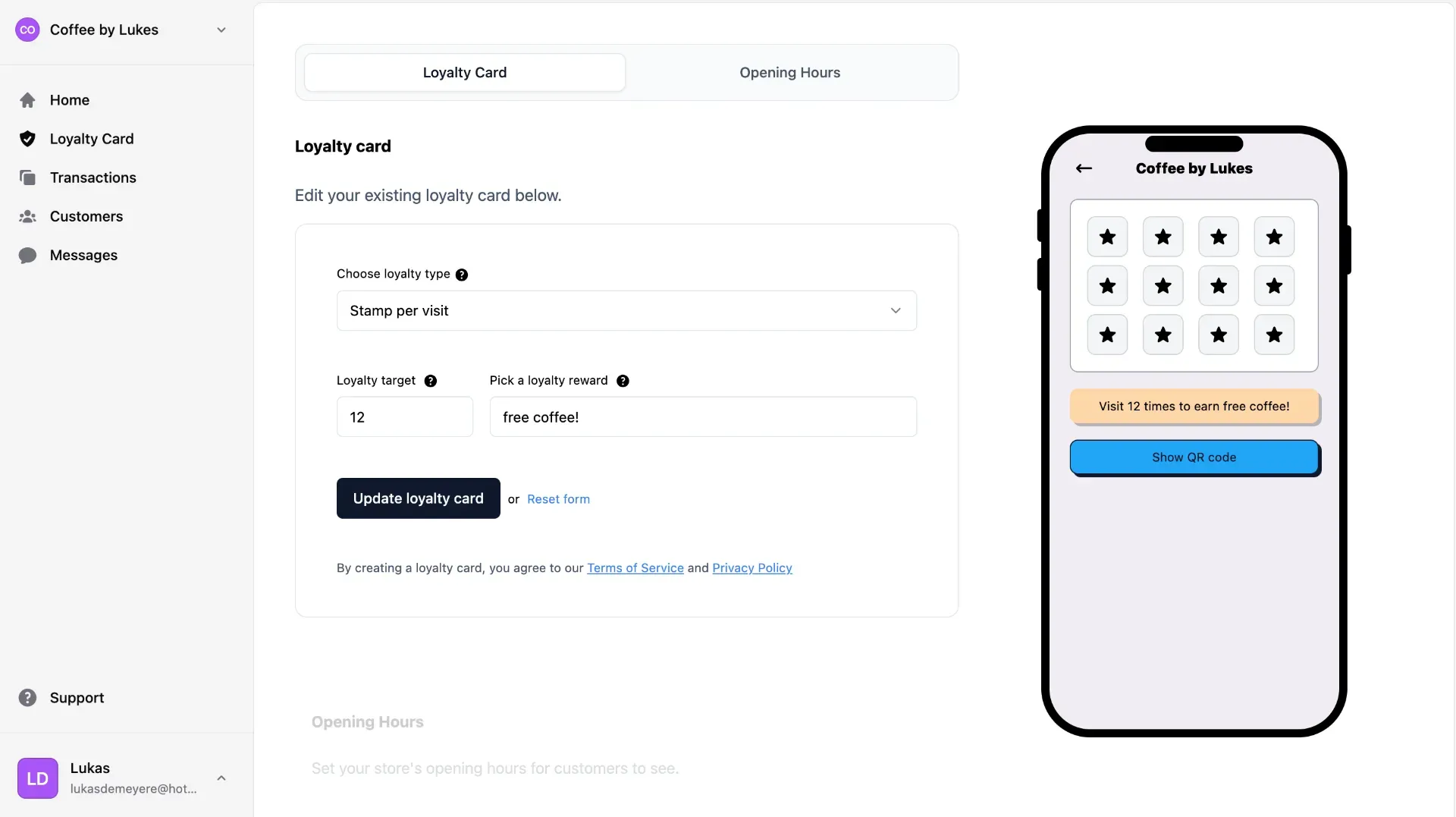 Zwoop loyalty card interface